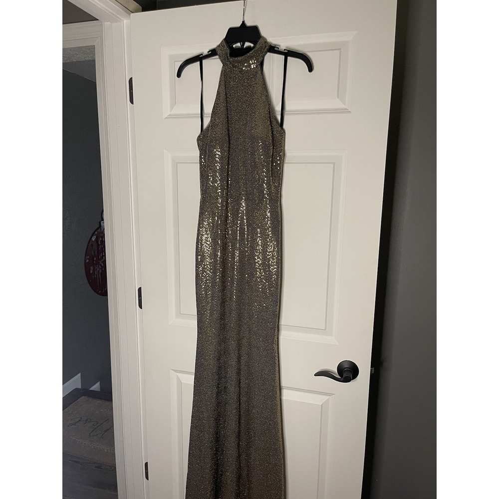 Betsy And Adam Sleeveless Gold Halter Gown Dress Size 6 Black And Gold
